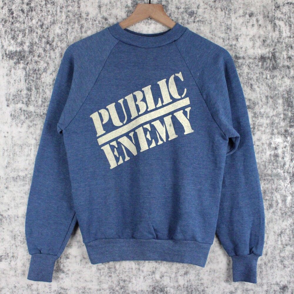 Vintage PUBLIC ENEMY Healthknit Tag 80s Sweatshirt Size M Blue Long HIP HOP